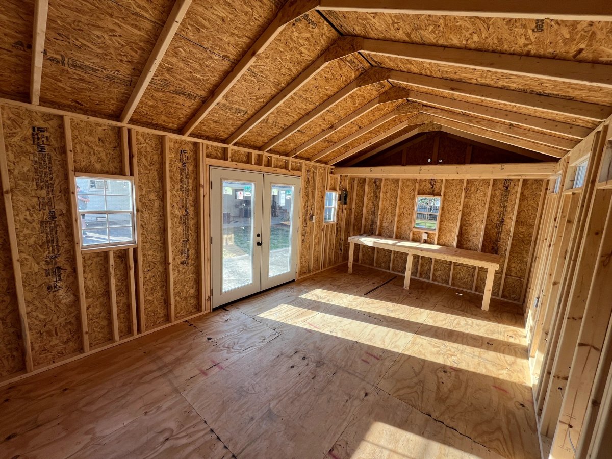 Interior framing of a shed with a built-in workbench